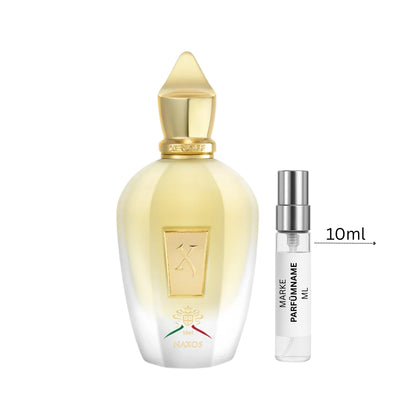 Xerjoff Naxos Parfümprobe 10 ml neben Flakon – intensiver, süß-würziger Unisexduft mit Tabak, Honig und Vanille