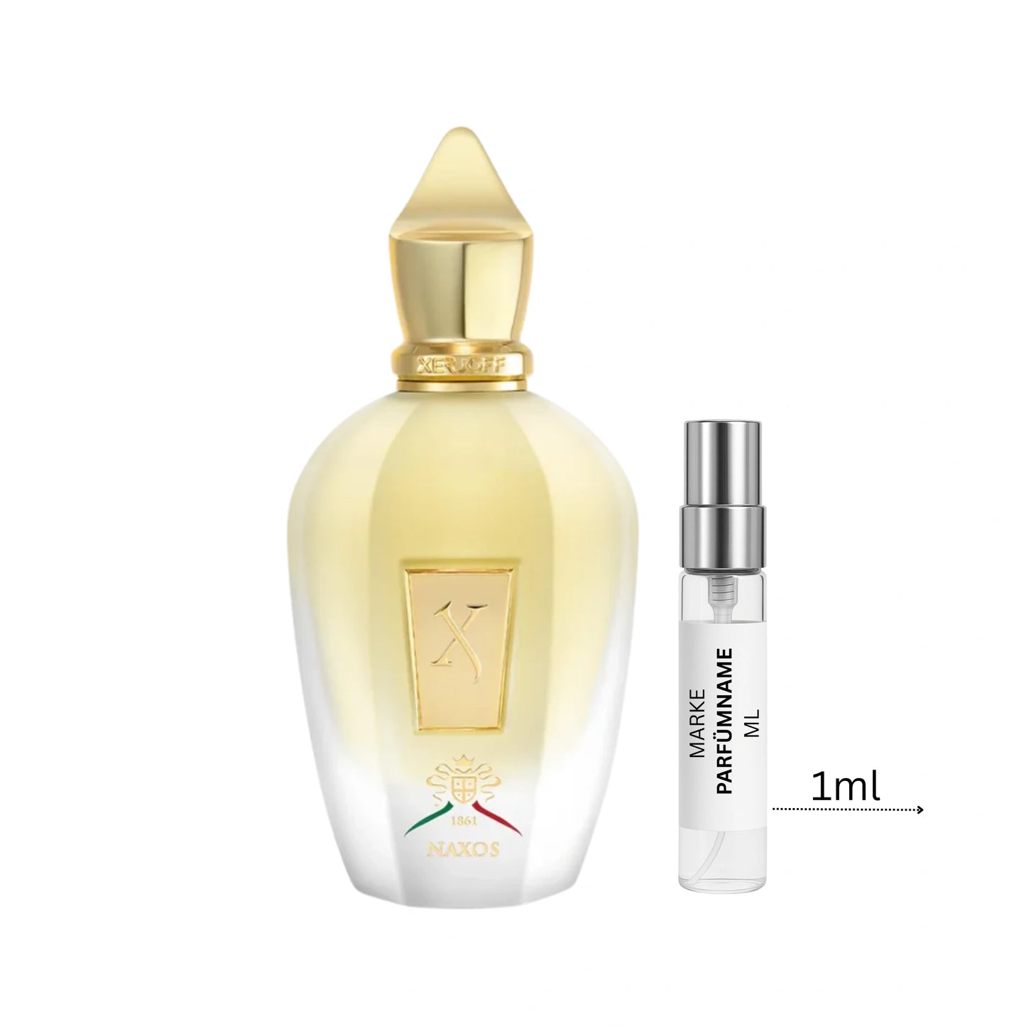 Xerjoff Naxos Parfümprobe 1 ml neben Flakon – süß-würziger Gourmandduft mit Honig, Tabak, Vanille und Zimt