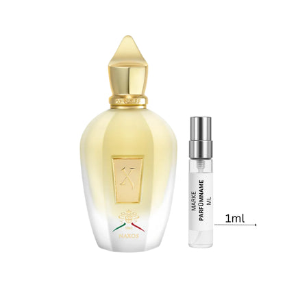 Xerjoff Naxos Parfümprobe 1 ml neben Flakon – süß-würziger Gourmandduft mit Honig, Tabak, Vanille und Zimt