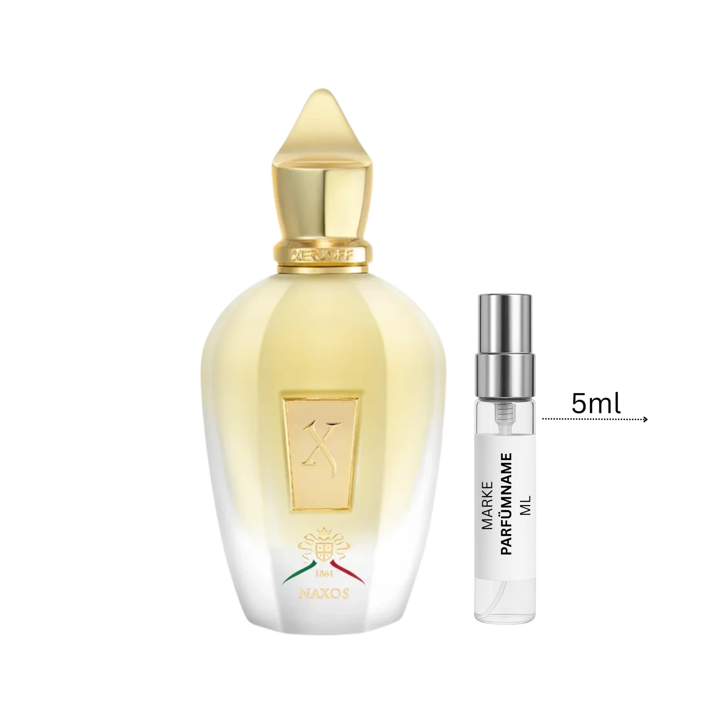 Xerjoff Naxos Duftprobe 5 ml neben Flakon – luxuriöser Gourmandduft für Damen und Herren mit Honig, Zimt und mediterraner Eleganz
