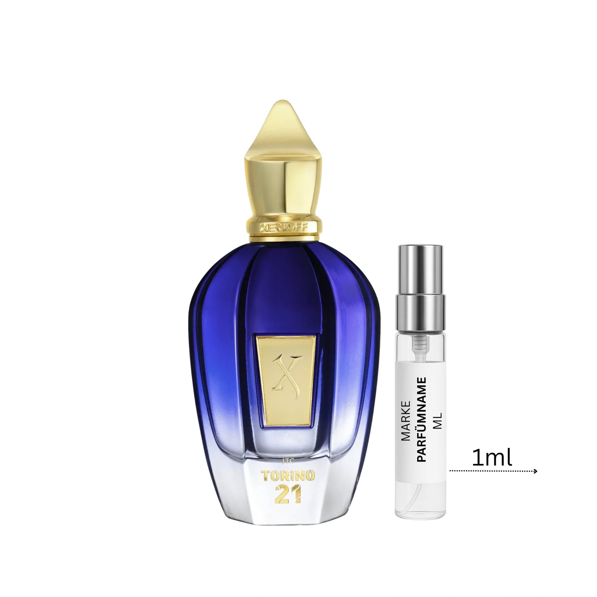 Xerjoff Torino 21 Eau de Parfum Probe 1 ml, hochwertige Duftprobe aus Glas mit Aluminium-Sprühkopf neben dem Originalflakon