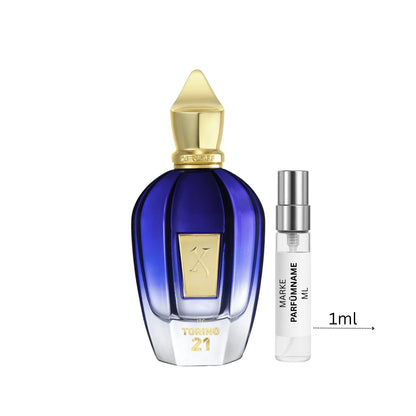 Xerjoff Torino 21 Eau de Parfum Probe 1 ml, hochwertige Duftprobe aus Glas mit Aluminium-Sprühkopf neben dem Originalflakon