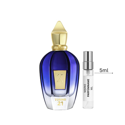 Xerjoff Torino 21 Eau de Parfum Probe 5 ml, hochwertige Duftprobe mit mehreren Anwendungen, Glasprobe mit Sprühkopf neben dem Originalflakon