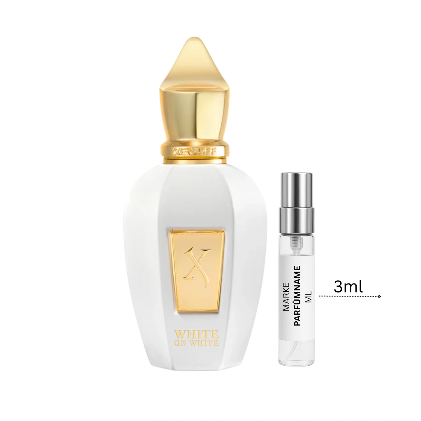 Xerjoff White on White Parfümprobe 3 ml neben Flakon – weicher, cremiger Nischenduft mit Feigenmilch, Sandelholz und Amber