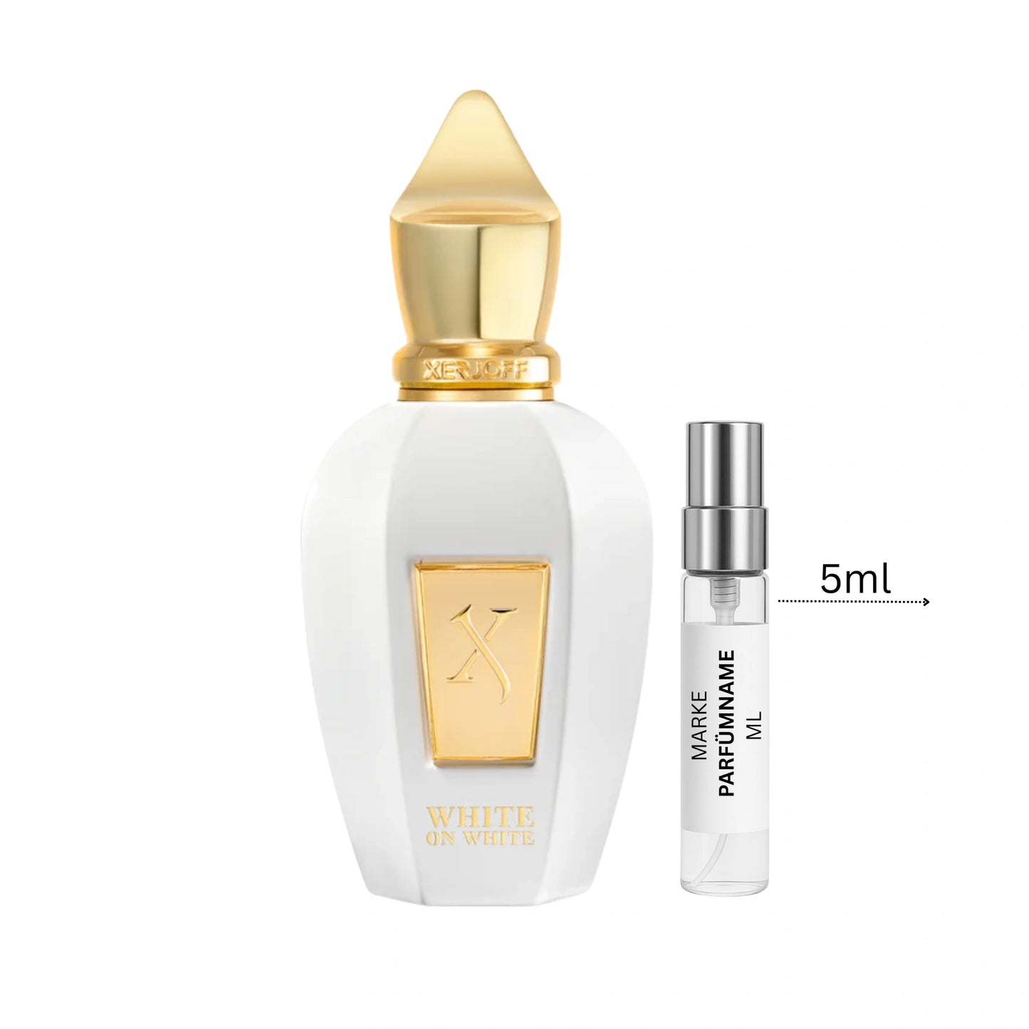 Xerjoff White on White Duftprobe 5 ml neben Flakon – eleganter Gourmandduft für Damen und Herren mit cremigen und holzigen Noten