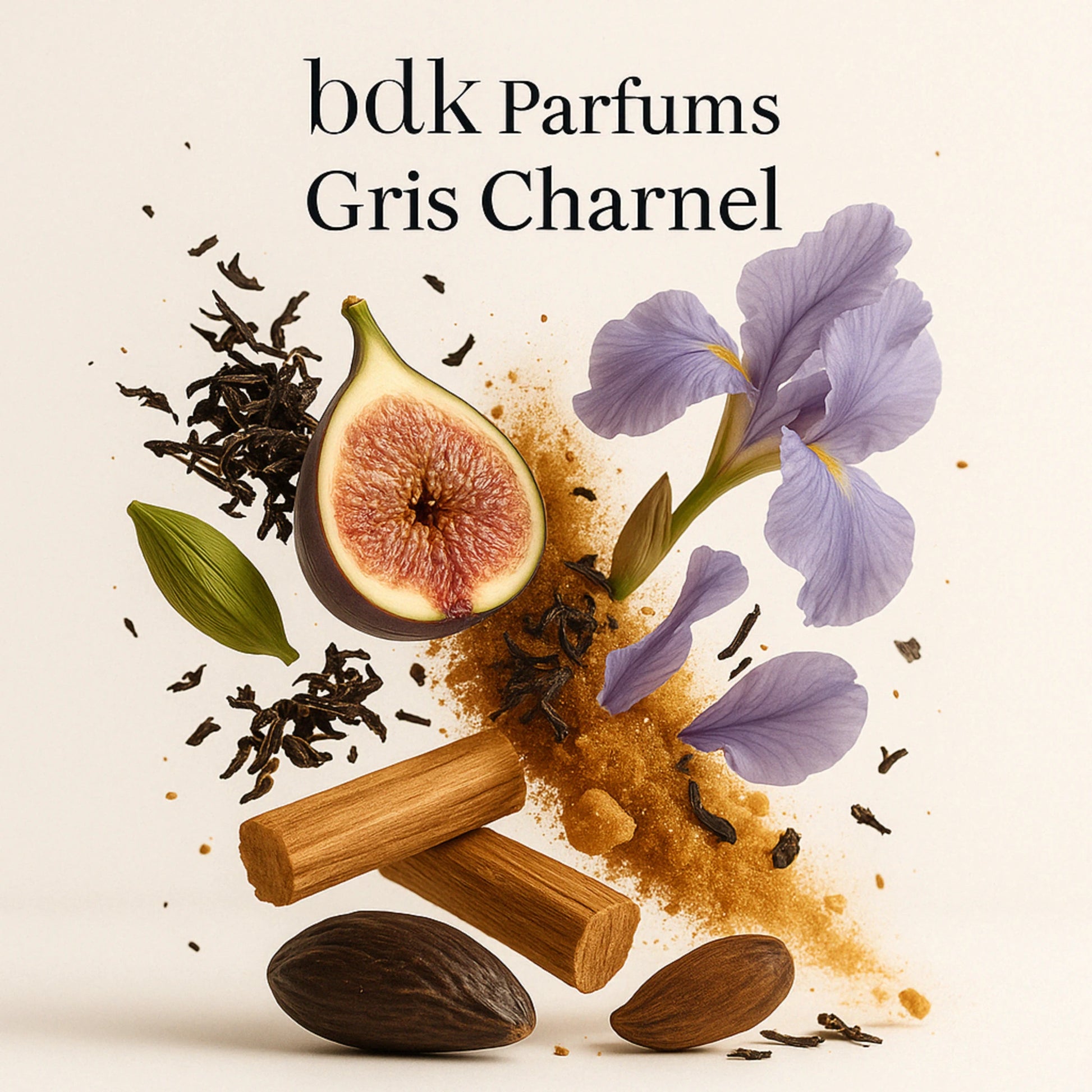 Duftnoten von Gris Charnel – Feige, schwarzer Tee, Sandelholz, Kardamom und Iris visuell in Szene gesetzt