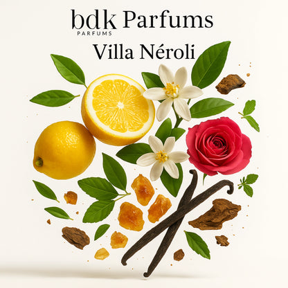 Duftnoten von bdk Parfums Villa Néroli Eau de Parfum, zitrisch-floraler Unisexduft mit Neroli, Petitgrain, Orangenblüte, Rose, Vanille und Vetiver, visuelle Darstellung der Duftkomposition